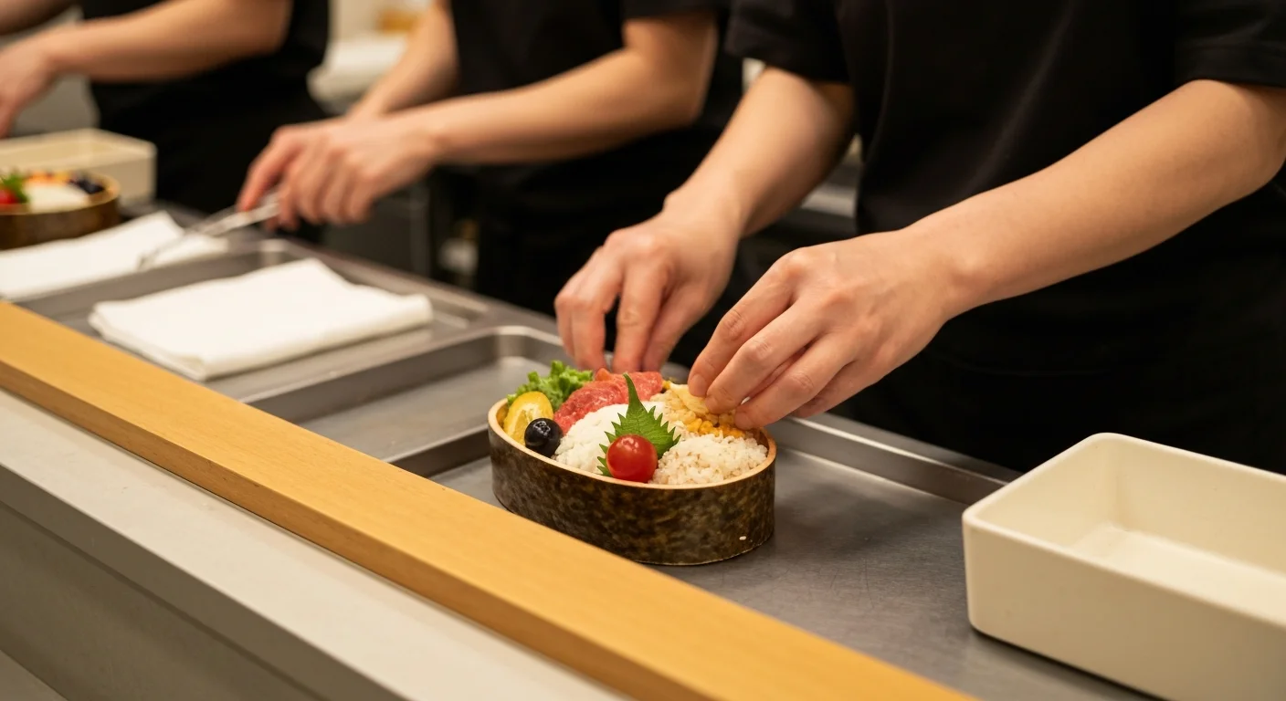 できたての弁当に主菜と副菜を詰めて仕上げる手元の近景