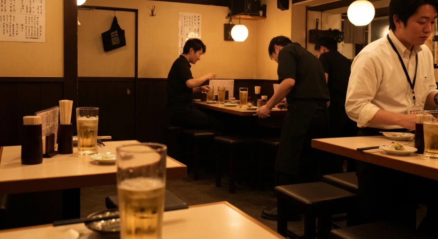夜の店内で木のテーブルとカウンター席が並ぶ落ち着いた客席の様子