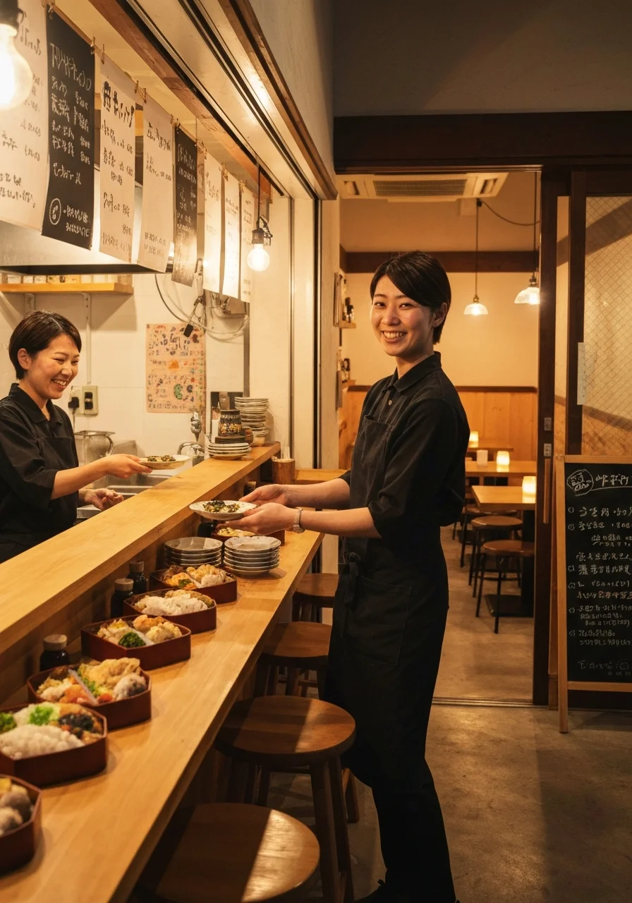 木のカウンター越しに小皿料理を並べる男性スタッフの姿